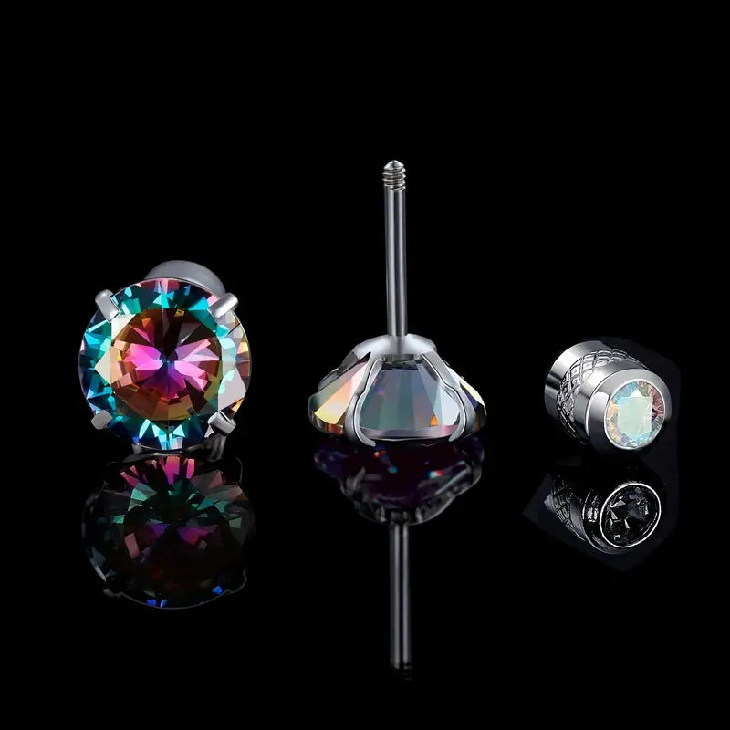 Teens' and Mothers' Earrings:  Two Earrings in One. Surgical Steel, 6mm Round Rainbow Topaz CZ Studs with Screw Backs