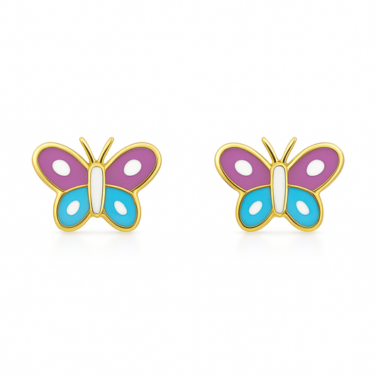A pair of 9kt yellow gold butterfly stud earrings on a white background; each earring has lavender upper wings and turquoise lower wings outlined in gold, with two white enamel spots on each wing, a smooth white enamel body, and slender gold antennae.