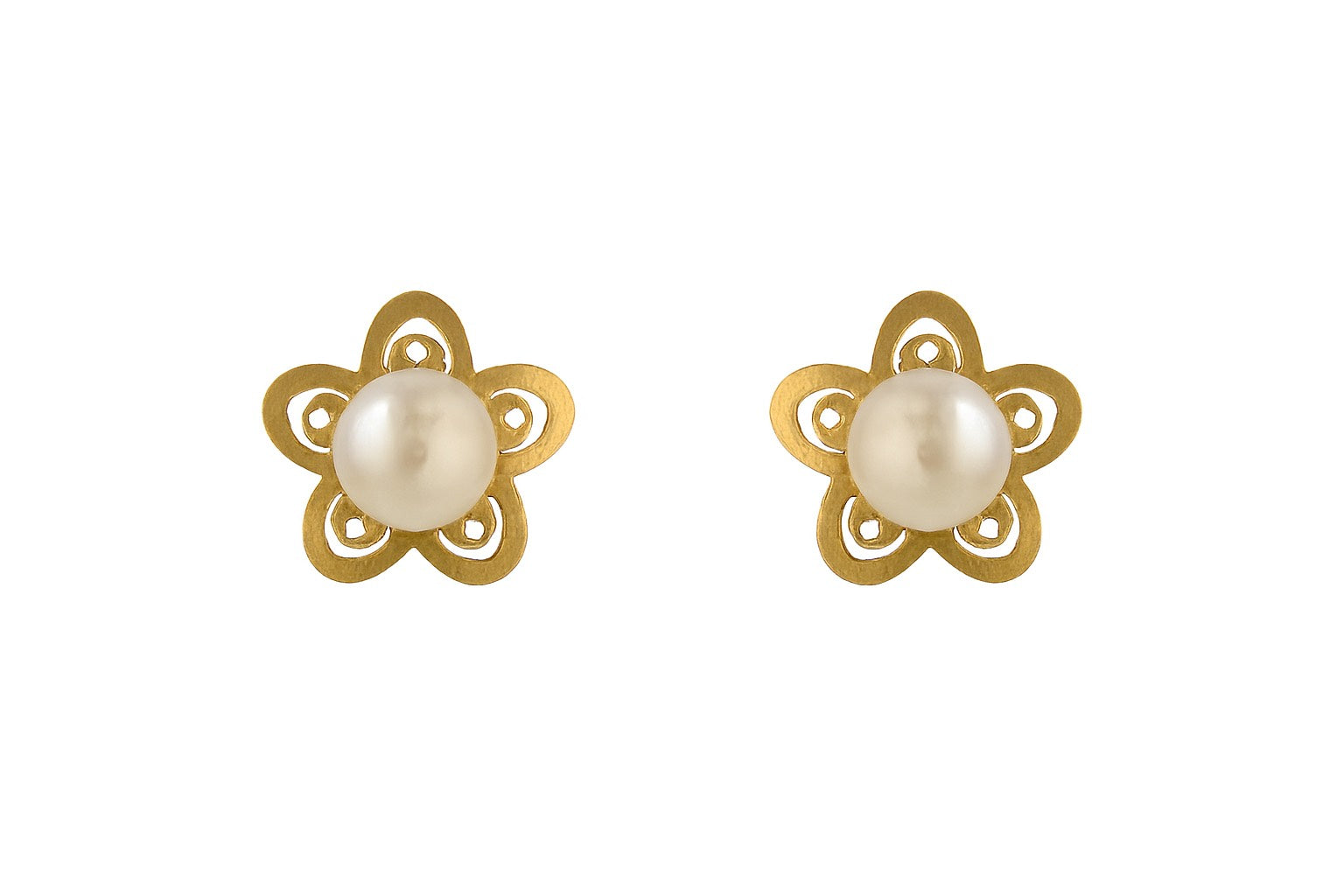 A pair of gold flower shaped stud earrings with pearl centres on a clean white background