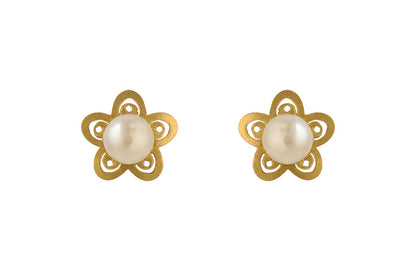A pair of gold flower shaped stud earrings with pearl centres on a clean white background