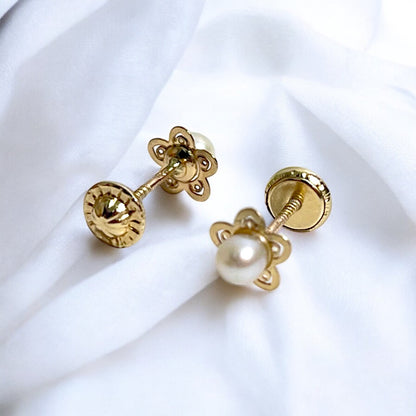 Children's Earrings:  9k Solid Gold Cultured Pearl Flower Earrings with Screw Backs and Gift Box
