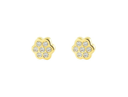 Flower earrings in solid 9k yellow gold with 5mm clustered CZ, featuring secure screw backs.