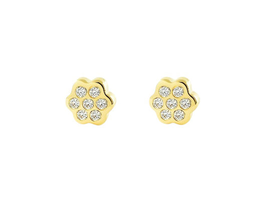 A pair of 9k gold cluster flower earrings with cubic zirconia stones and screw back closures, presented against a white background.