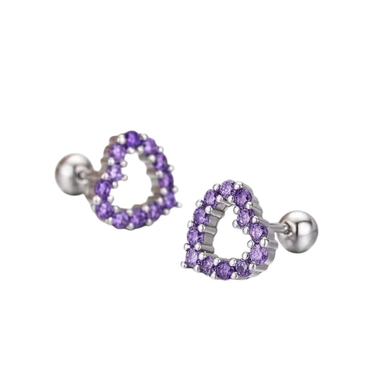 Children's and Teens' Earrings:  Sterling Silver Purple Amethyst CZ Open Hearts with Screw Backs