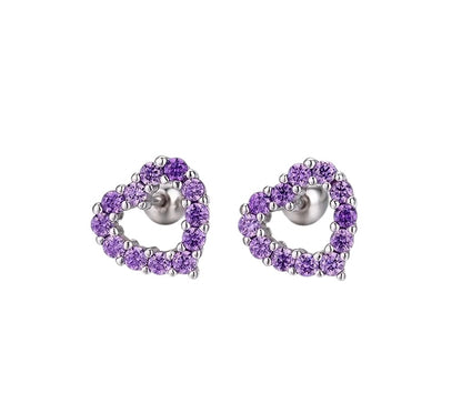 Children's and Teens' Earrings:  Sterling Silver Purple Amethyst CZ Open Hearts with Screw Backs