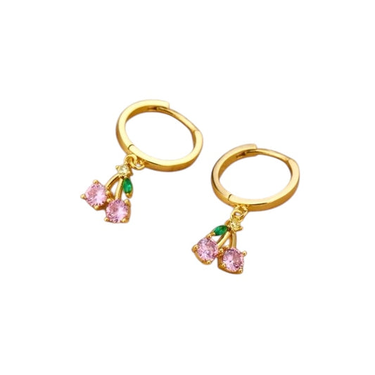 Children's, Teens' and Mothers' Earrings:  Steel with Gold IP Hoops with Pink CZ Cherries