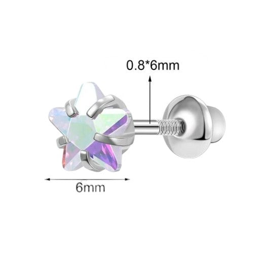 Silver earring with a colorful gemstone, showing measurements on a white background.