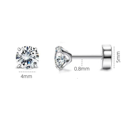 Pair of silver stud earrings with clear cubic zirconia, showing dimensions on a white background.