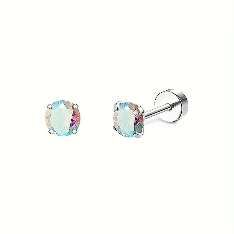 Aurora Borealis CZ Earrings featuring 4mm surgical steel screw backs with rainbow sparkle.