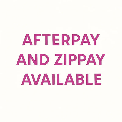 pink text on white background trust badge advertising afterpay and zippay available