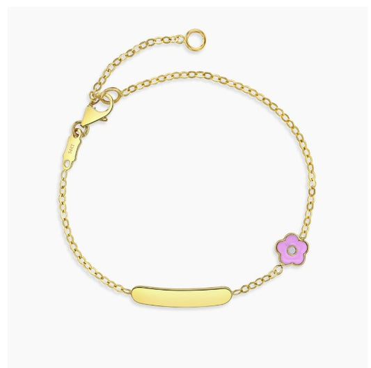 Baby bracelets – 14k solid gold baby ID flower bracelet with pink flower charm and adjustable chain.