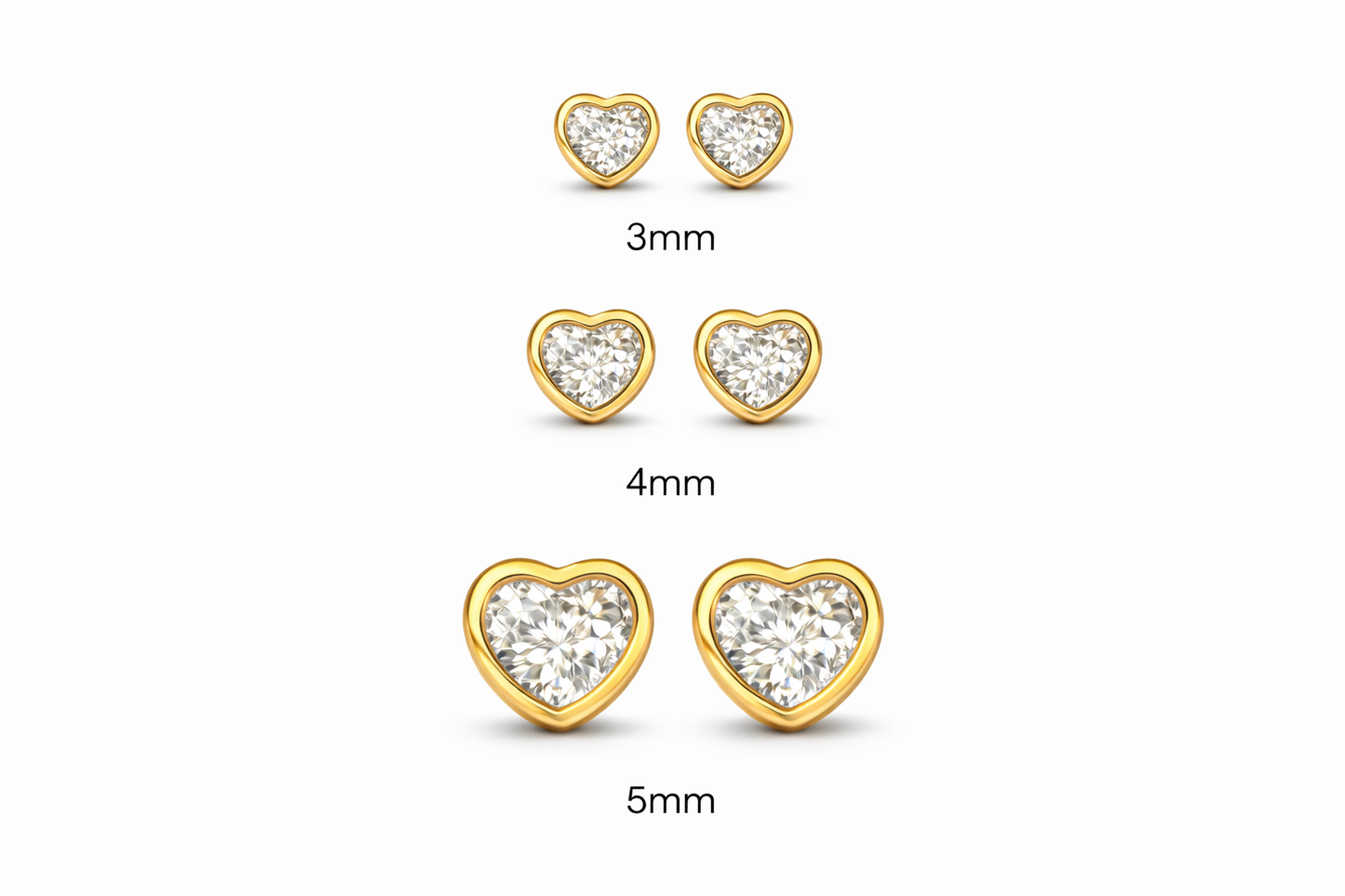 Children's earrings – Heart shaped cubic zirconia studs in 3mm, 4mm, and 5mm sizes with yellow gold bezel settings.
