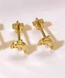 Baby earrings featuring 316L surgical steel gold IP dolphin screw back studs for comfortable wear.