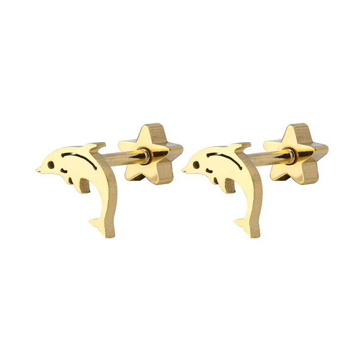 Baby earrings, 316L surgical steel gold IP dolphin studs with easy grip star-shaped screw backs.