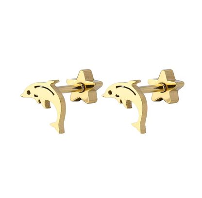 Baby earrings, 316L surgical steel gold IP dolphin studs with easy grip star-shaped screw backs.