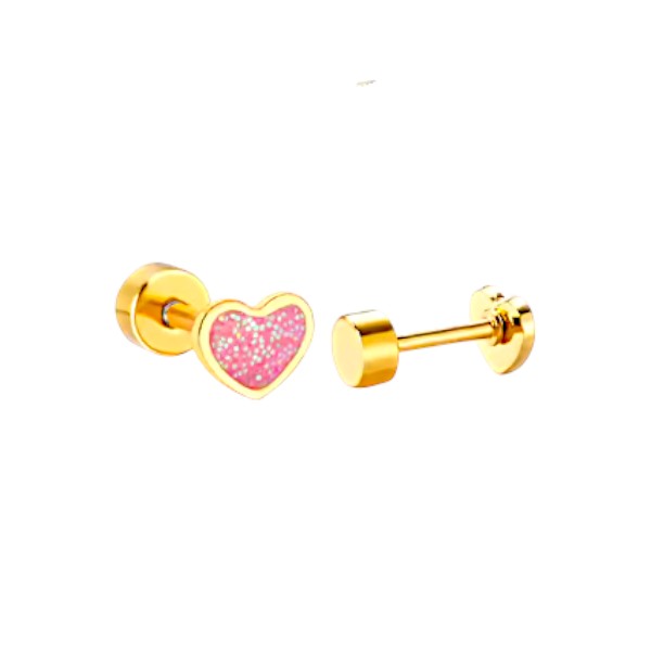 Baby Heart Screw Back Earrings - Surgical Steel Pink Glitter on a white background