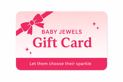 Baby Jewels gift card with pink bow and text on a white background