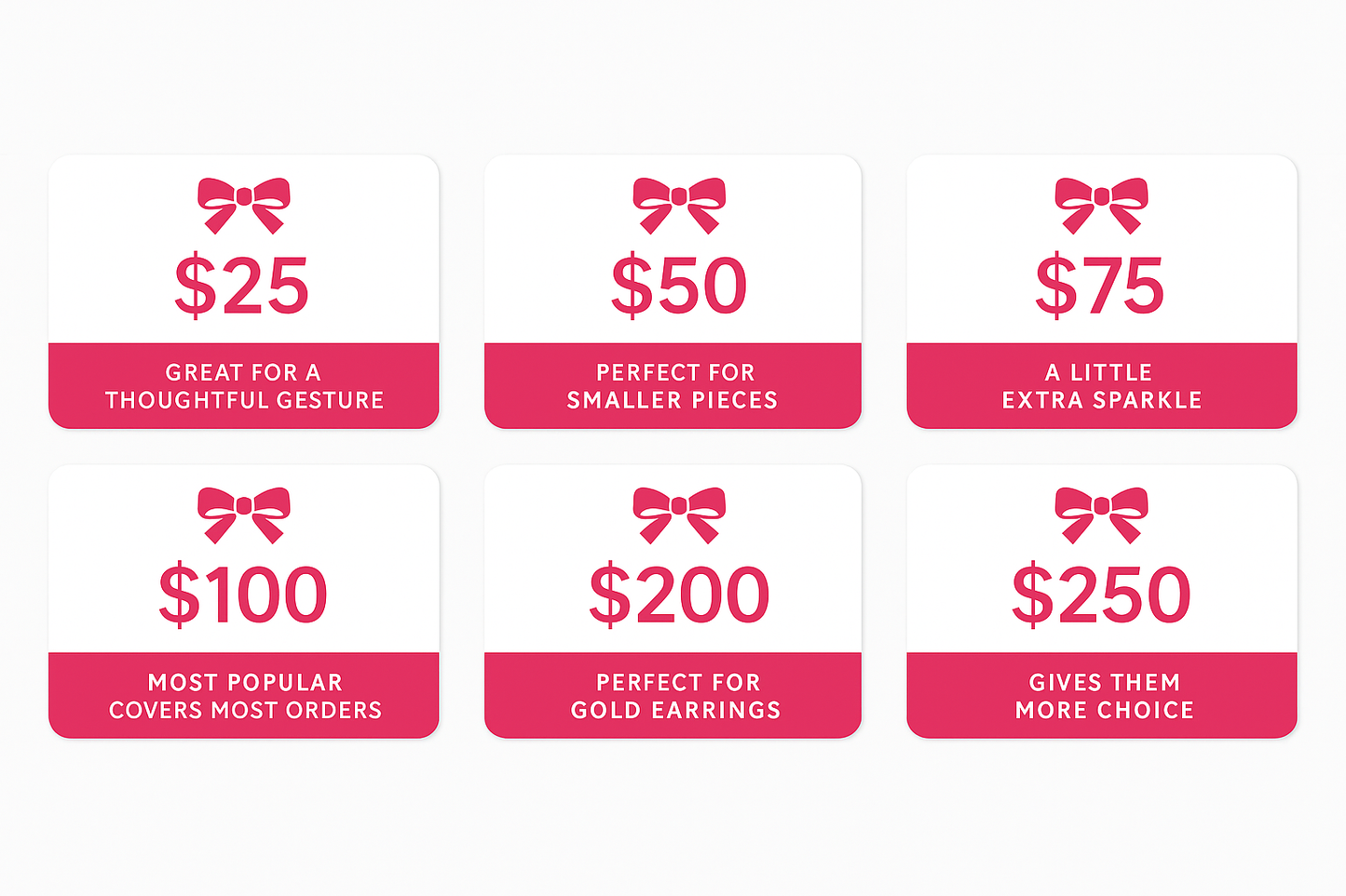 Set of Baby Jewels Gift Cards with ruby pink bows and text on a white background