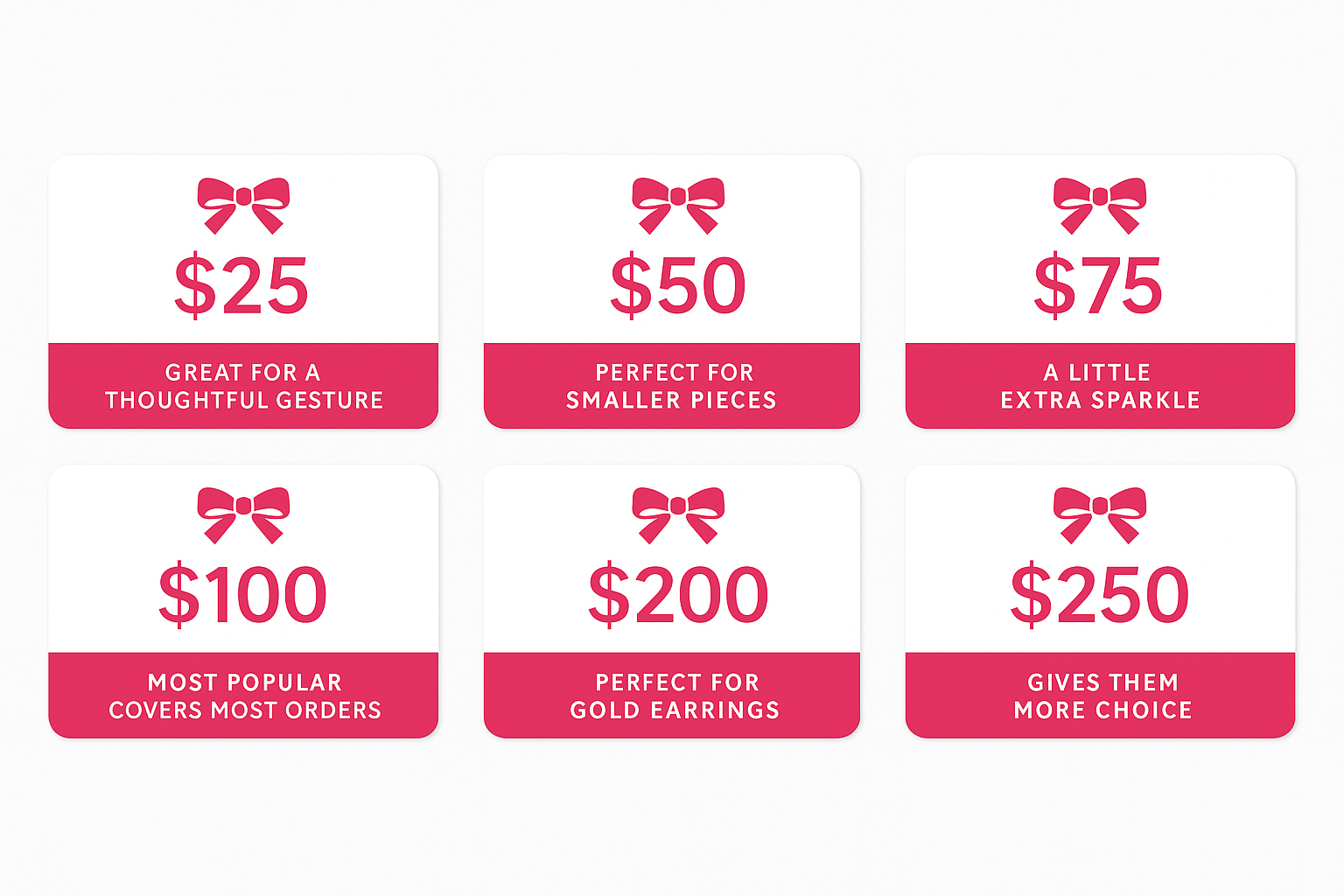 Set of Baby Jewels Gift Cards with ruby pink bows and text on a white background