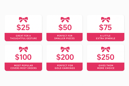 Set of Baby Jewels Gift Cards with ruby pink bows and text on a white background