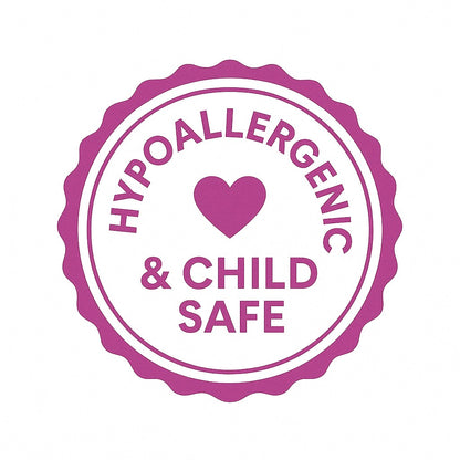 Hypoallergenic and child safe label with a purple heart on a white background