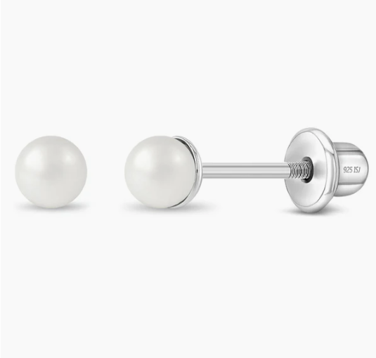 Baby pearl earrings in sterling silver with 3mm white simulated pearls and safety screw backs.