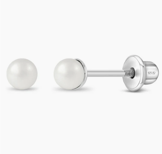 Baby pearl earrings in sterling silver with 3mm white simulated pearls and safety screw backs.