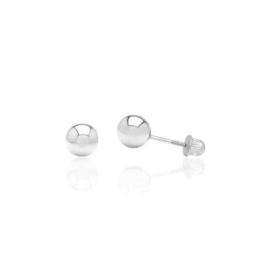 Ball stud earrings in solid 14k white gold with screw backs, featuring polished 5mm designs.
