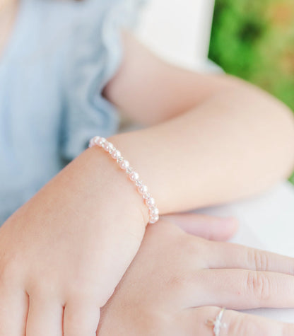 Children's Bracelets:  Sterling silver, Pink Swarovski Pearls with Cross Age 6 - 12