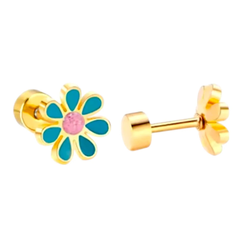 Children's earrings featuring gold IP blue/pink daisy screw back studs crafted from 316L surgical steel.