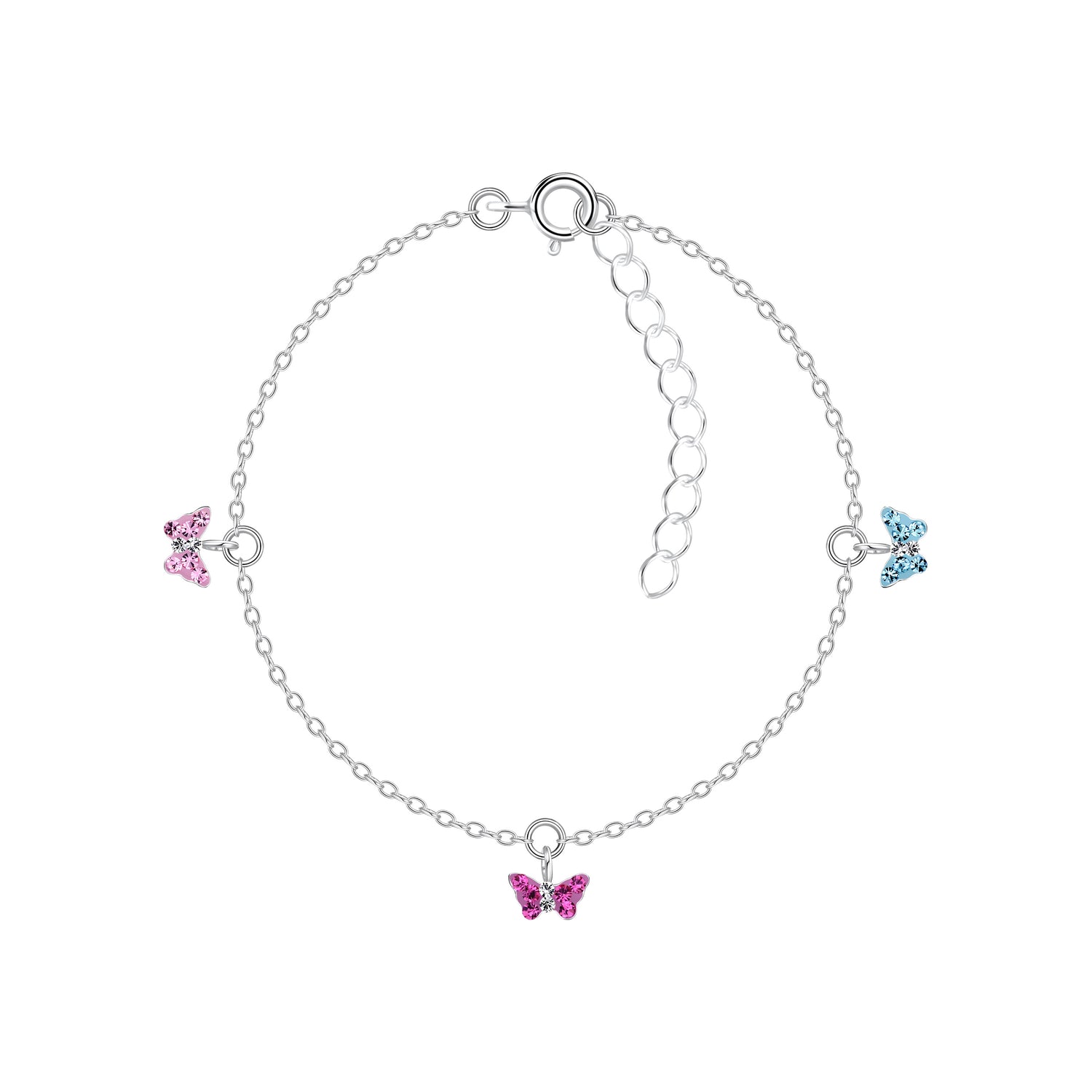 Butterfly bracelet featuring pink and blue crystal butterflies on a delicate sterling silver chain.