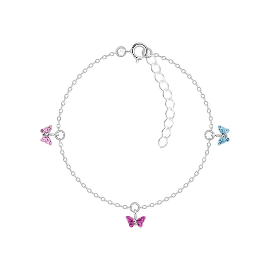 Butterfly bracelet featuring pink and blue crystal butterflies on a delicate sterling silver chain.