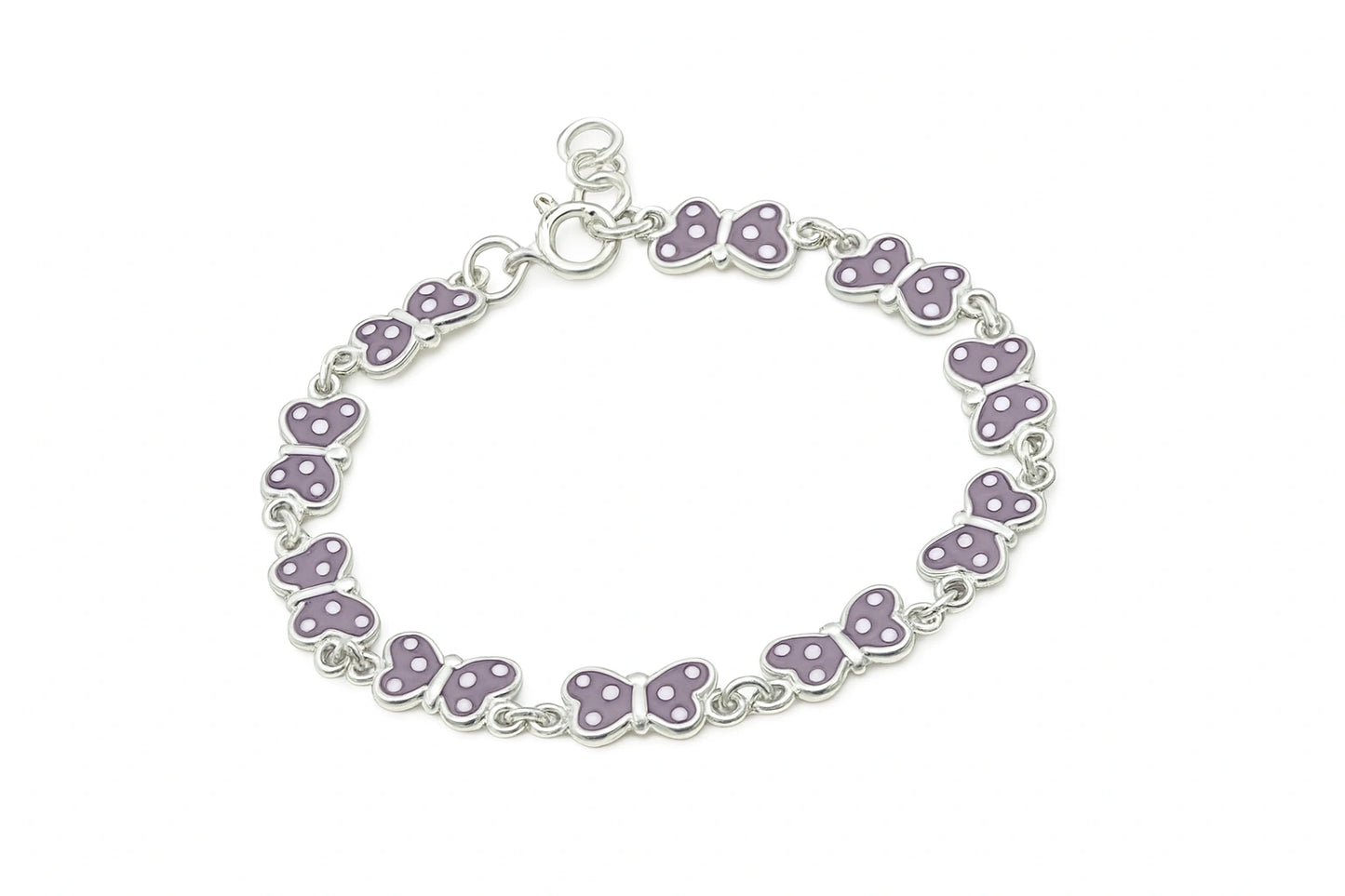 Bracelet with purple butterfly charms on a white background