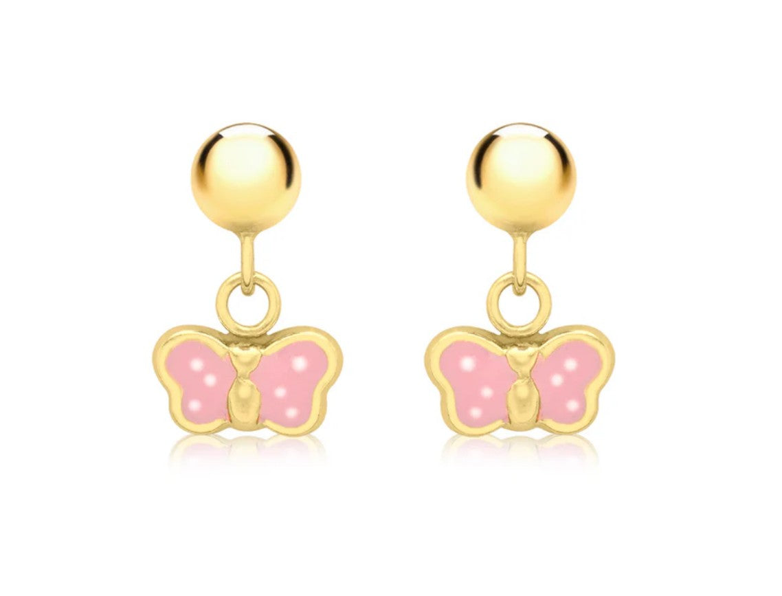 Butterfly earrings featuring 14k gold over silver with pink dotty dangle design and secure screw backs.