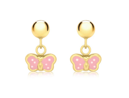 Butterfly earrings featuring 14k gold over silver with pink dotty dangle design and secure screw backs.