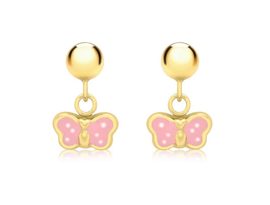 Butterfly earrings featuring 14k gold over silver with pink dotty dangle design and secure screw backs.