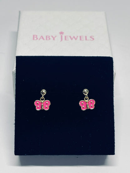 Butterfly earrings - 14k gold over silver pink dotty butterfly dangle screw backs displayed in a box.