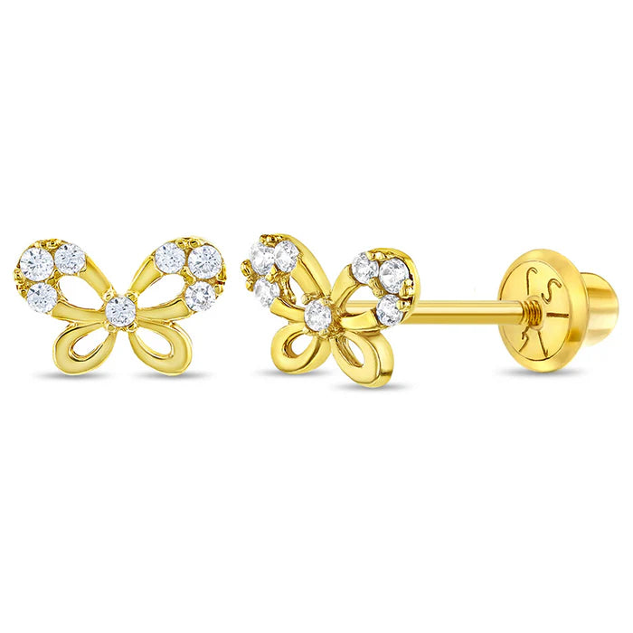 A pair of butterfly shaped 14k yellow gold earrings adorned with clear CZ and featuring screw backs on a white background 