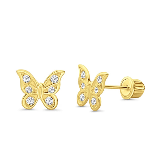 Butterfly earrings in solid 14k yellow gold with triple CZ stones and screw backs for secure wear.