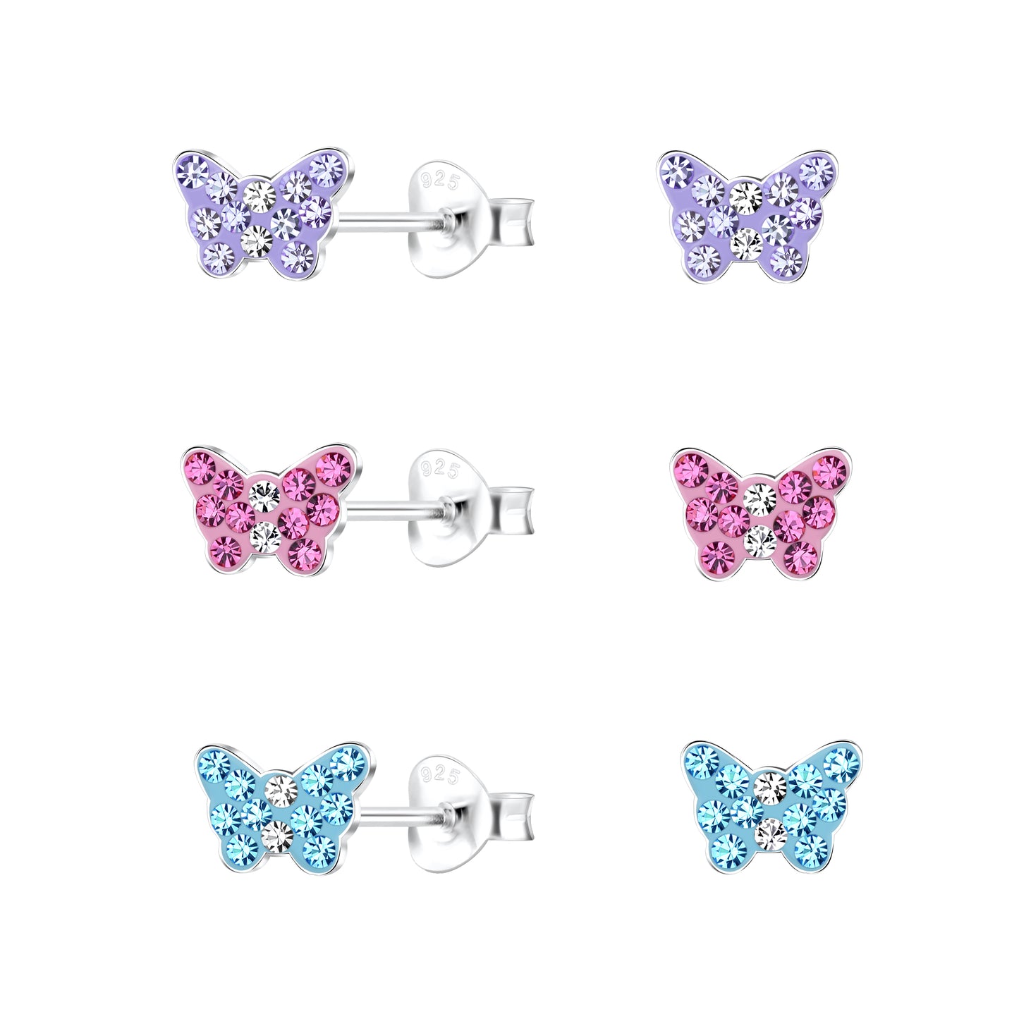 Butterfly earrings featuring purple, pink, and blue crystal accents in a sterling silver design, perfect for stylish elegance.