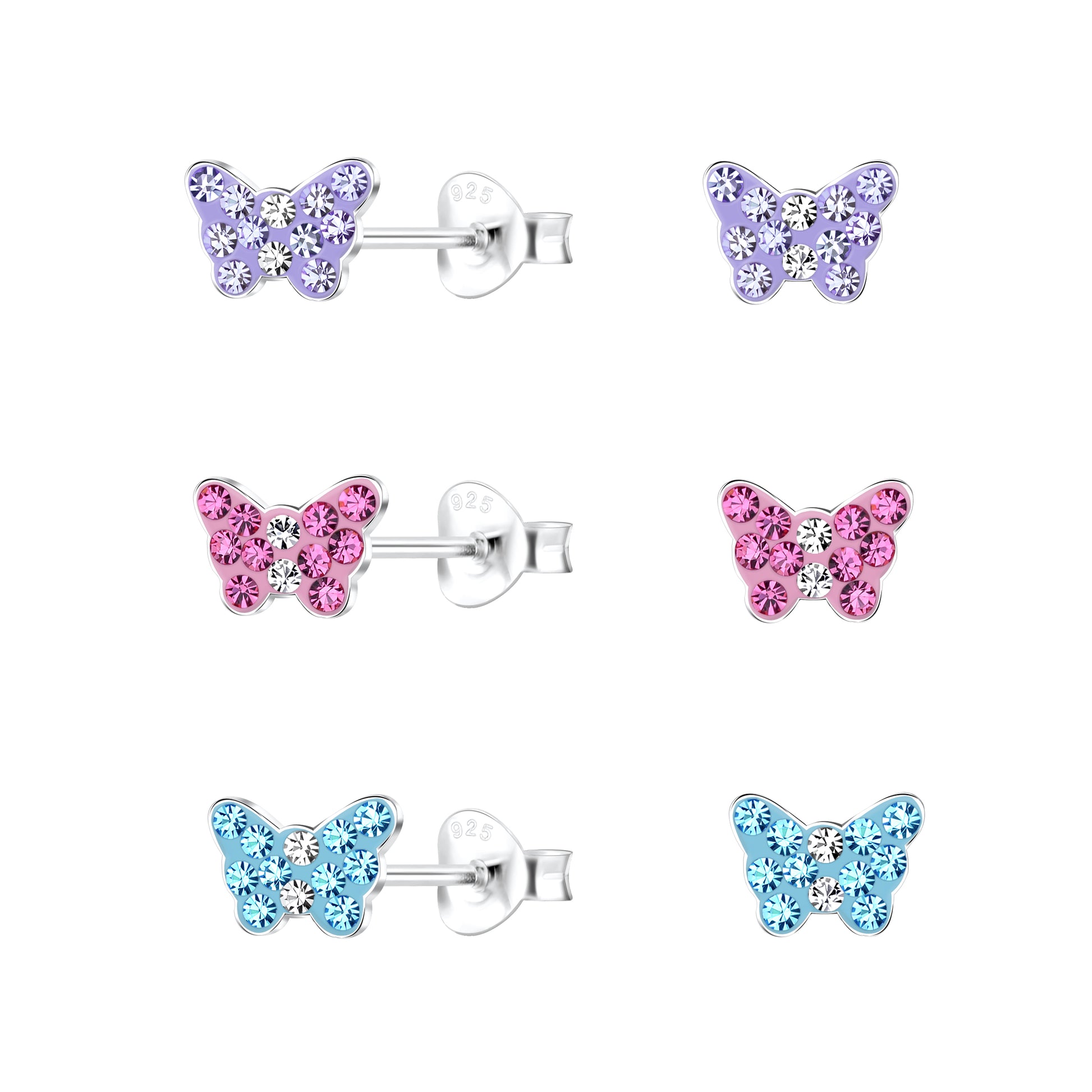Butterfly earrings featuring purple, pink, and blue crystal accents in a sterling silver design, perfect for stylish elegance.