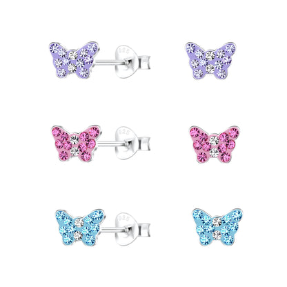Butterfly earrings featuring purple, pink, and blue crystal accents in a sterling silver design, perfect for stylish elegance.