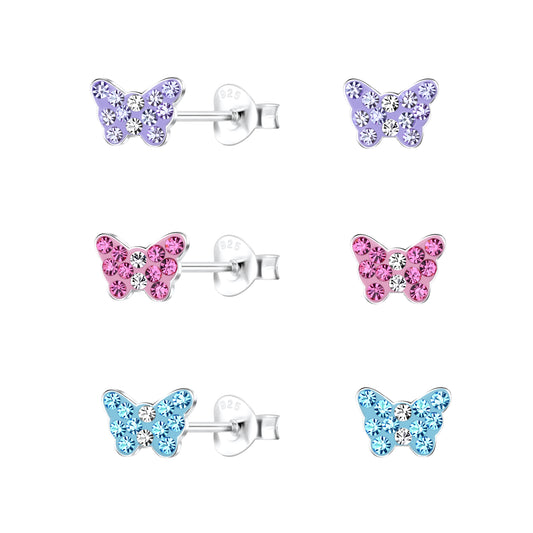 Butterfly earrings featuring purple, pink, and blue crystal accents in a sterling silver design, perfect for stylish elegance.