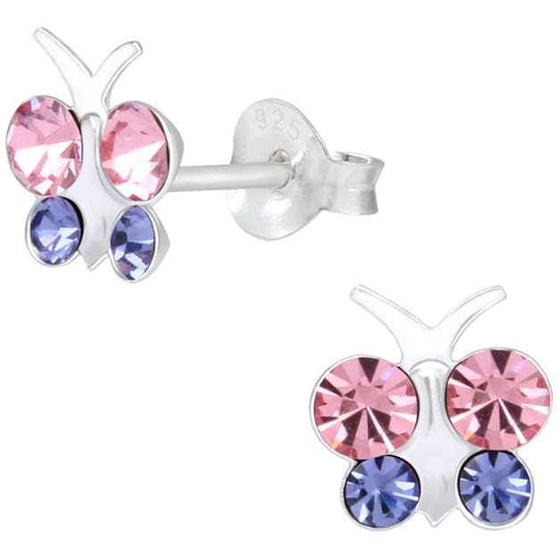 Butterfly earrings featuring sterling silver and pink blue cubic zirconia, perfect for everyday wear and special occasions.