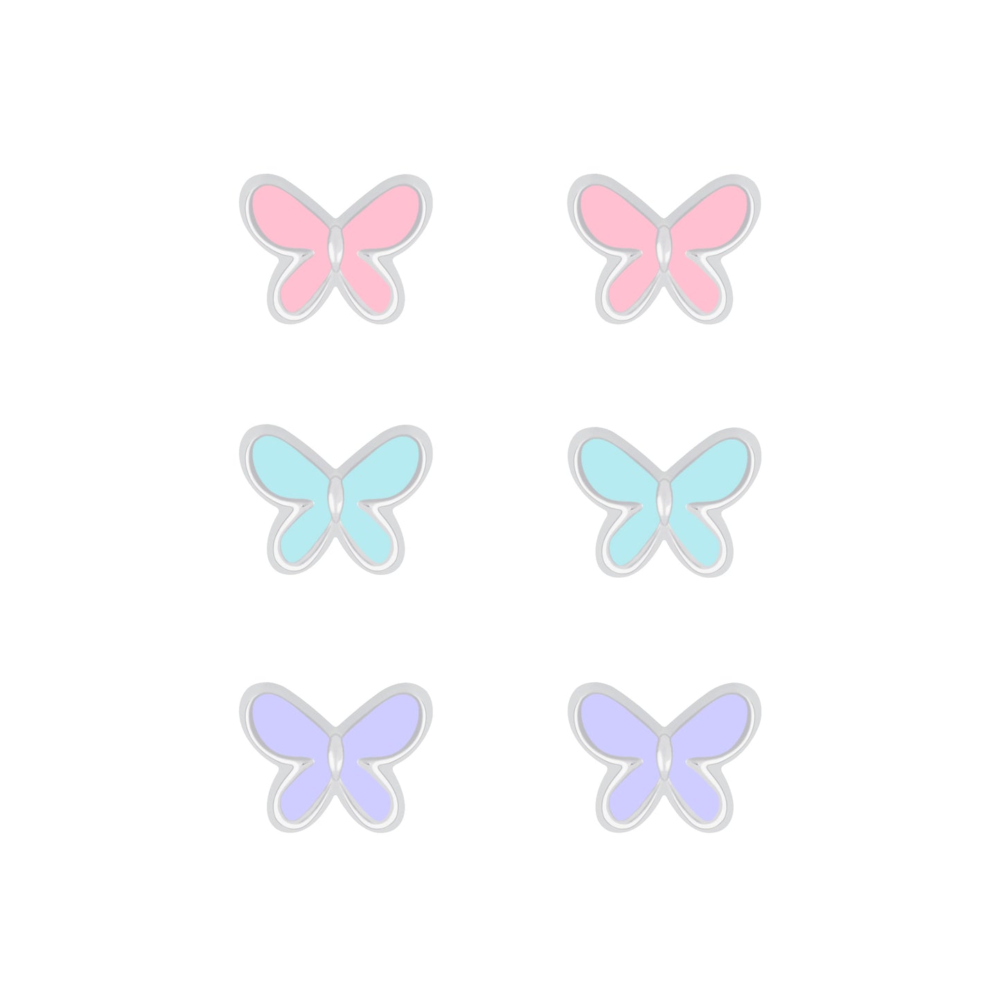 Butterfly earrings set showcasing 3 pairs of pastel enamel butterflies in pink, blue, and purple on a white background.