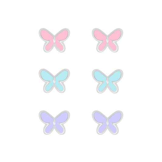 Butterfly earrings set showcasing 3 pairs of pastel enamel butterflies in pink, blue, and purple on a white background.
