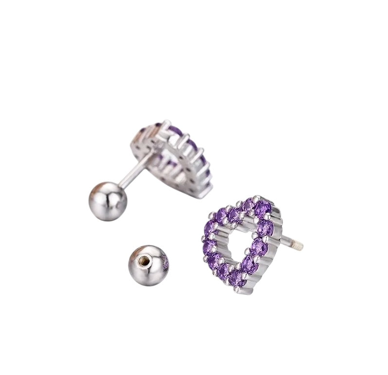 Children's and Teens' Earrings:  Sterling Silver Purple Amethyst CZ Open Hearts with Screw Backs