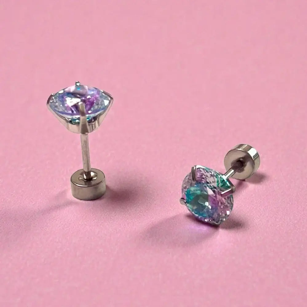 CZ earrings featuring 6mm fireworks gradient cubic zirconia studs in surgical steel screw-back design.