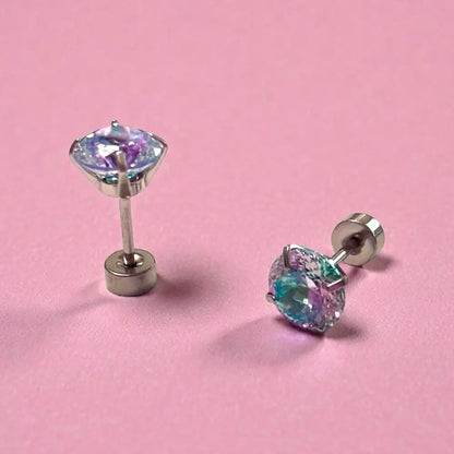 CZ earrings featuring 6mm fireworks gradient cubic zirconia studs in surgical steel screw-back design.