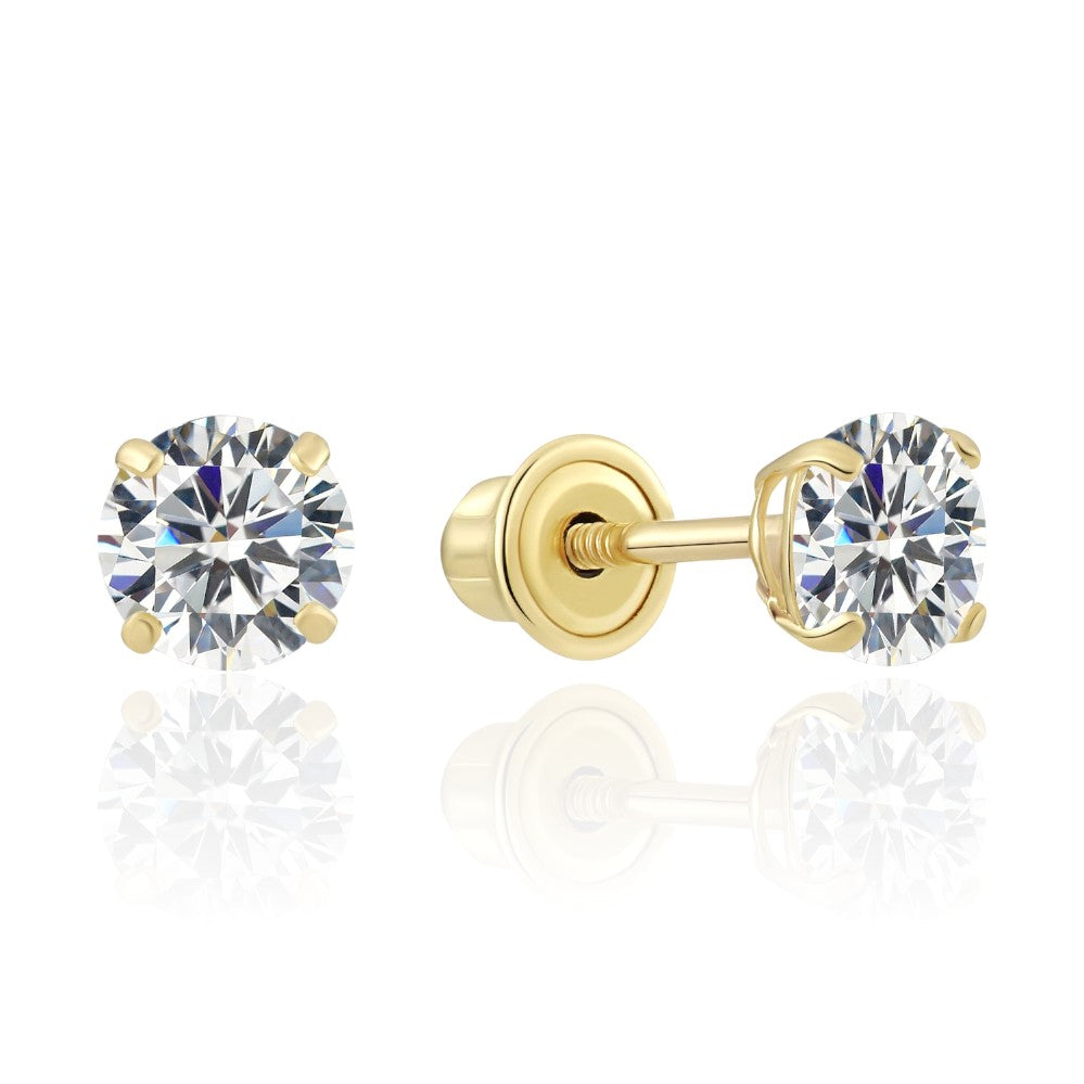 CZ stud earrings in solid 14k yellow gold with 4mm cubic zirconia stones and secure screw backs.